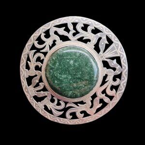 Vtg Peru 925 Stamped Sterling Silver Green Stone Brooch Pendant Round